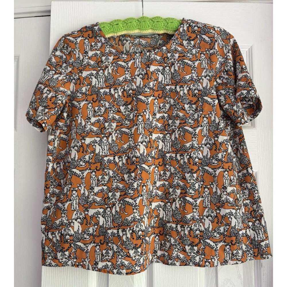 Only India Big Cat Leopards Print Split Back Shirt Blouse Orange Short Sleeve